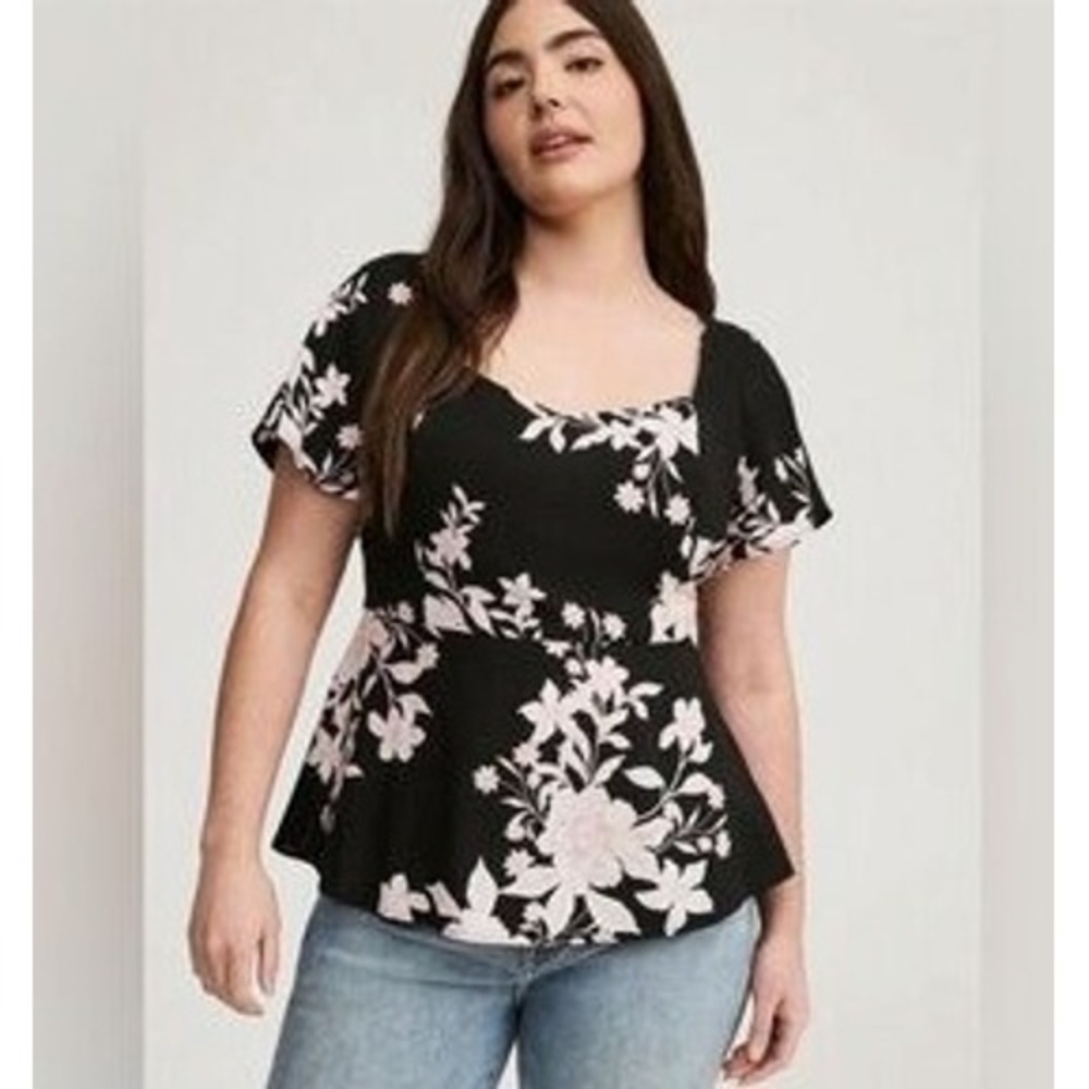 Torrid Floral Blouse Women 3 Black Pink Short Sleeve Empire Waist Babydoll Top
